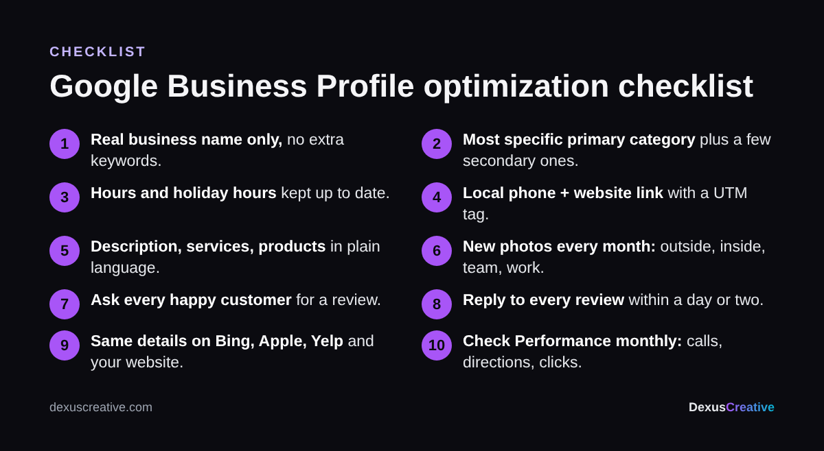 Google Business Profile optimization checklist: basics, content, reviews, consistency and tracking